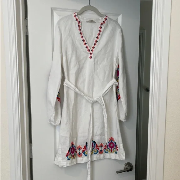 EUC! Boden White Linen Dress with Colorful Embroidery, Size 4R - Picture 3 of 6